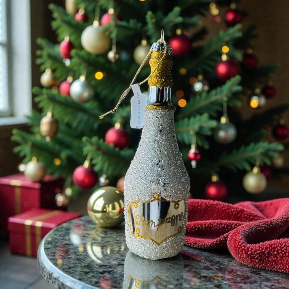 Anthropologie Champagne Bottle Beaded Glass Ornament